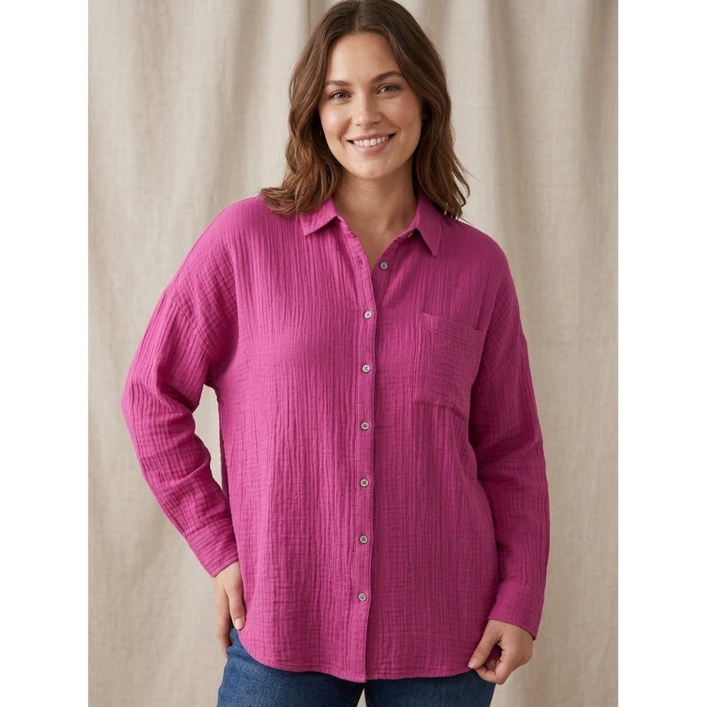 Terra & Sky Button Down Women 2X Magenta New Gauze Cotton Long Sleeve Shirt